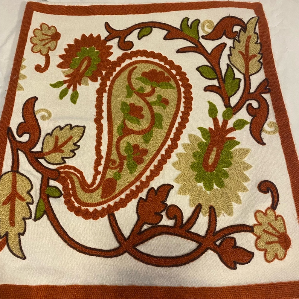 Newport Orange, Tan, Green, Knit Fabric Paisley Pillow Cushions Set of 2